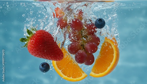 Dynamic splash of colorful strawberries, grapes, blueberries, and orange slices plunging into refreshing water, symbolizing pure vitality and invigorating health