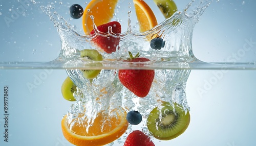 Vibrant and refreshing assortment of colorful fresh fruits creating a dynamic splash in crystal clear water, symbolizing health, vitality, and natural goodness