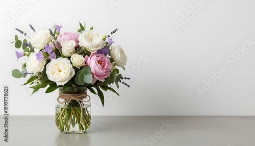 A beautiful bouquet of pink and white roses with lavender in a glass jar on a grey surface with a white background