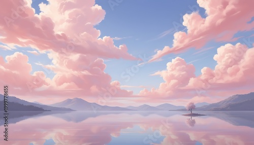 Serene Japanese Anime Landscape with Pink Clouds Reflected on a Calm Lake with a Distant Tree