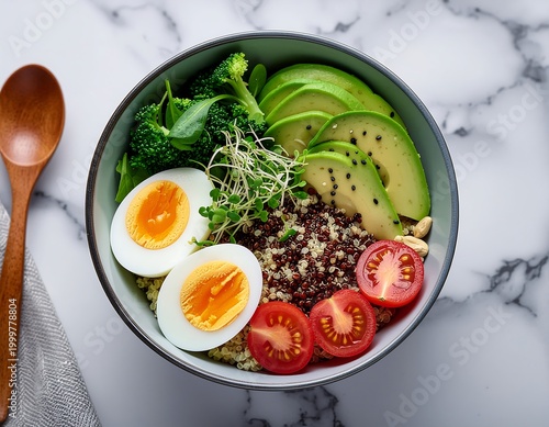 Vibrant and wholesome nutrition bowl brimming with fresh avocado, quinoa, eggs, and garden vegetables, ideal for a balanced and healthy dietary choice