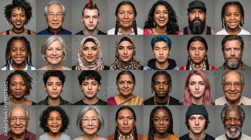 Diverse group of people with different ages and ethnicities smiling and looking at the camera with neutral expressions on their faces in a grid pattern