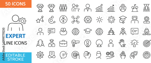 Set of fifty expert line icons, trophies, certificates, graphs, gears, brains, graduation caps, targets, and achievement symbols