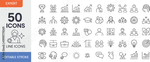 Set of fifty expert line icons, trophies, graphs, gears, brains, graduation caps, briefcases, targets, and professional development symbols