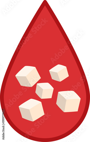 blood droplet with sugar cubes, fasting food glucose