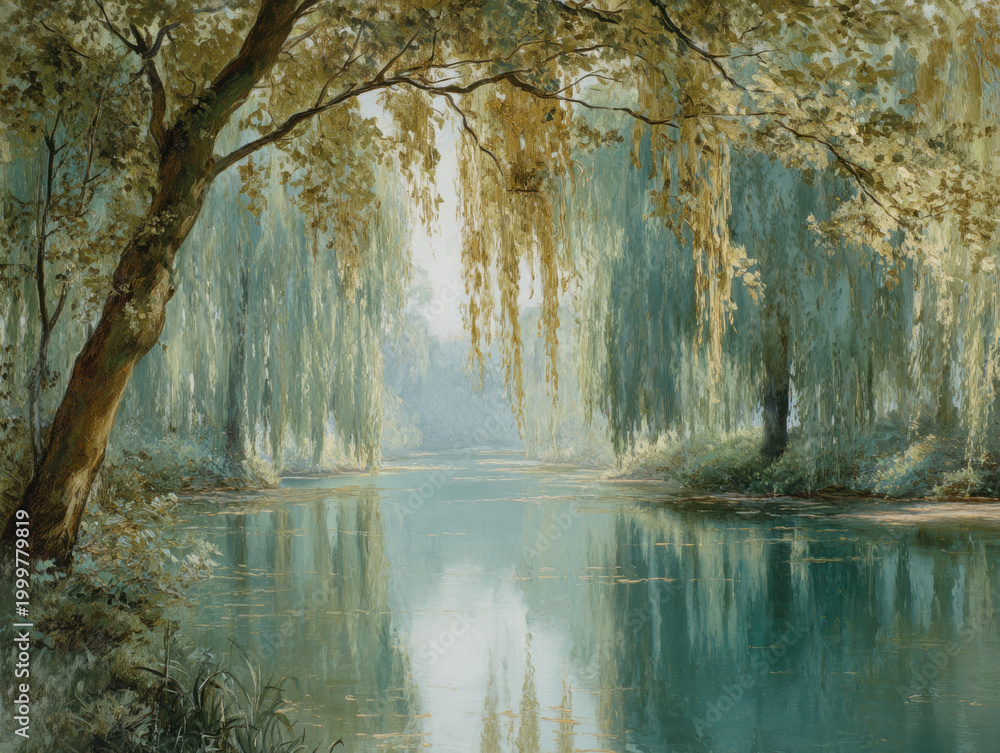 Fototapeta premium Sage green wedding willow river reflection mist landscape soft morning light over calm water creating romantic serene backdrop for outdoor ceremony