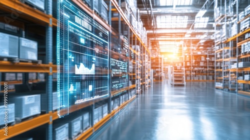 Interior shot of a large warehouse with shelves of packaged goods, data display overlay