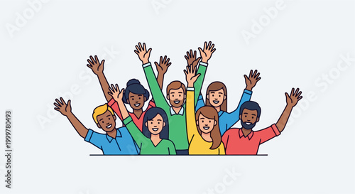 Diverse group of people waving happily together.