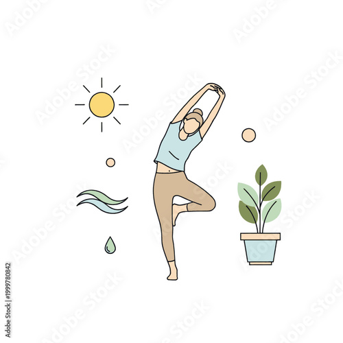 Woman practicing yoga outdoors with sun, water, and plants symbolizing a healthy lifestyle and well-being.
