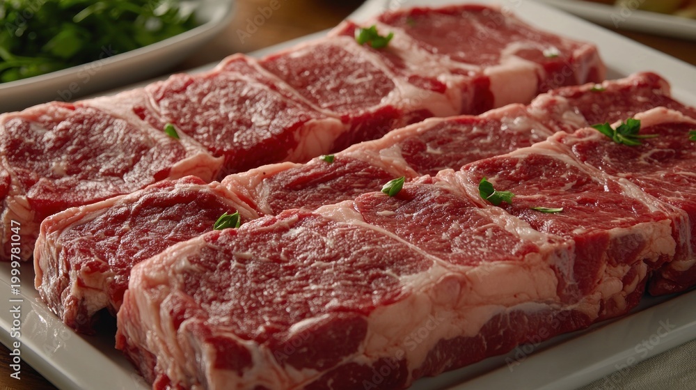 Fototapeta premium Close-up shot of raw, marbled steaks arranged on a white platter with green garnish