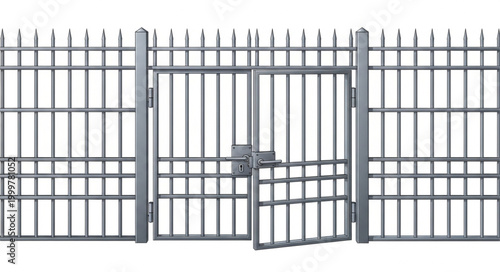 Metal Fence Gate with Vertical Bars and Locking Mechanism.