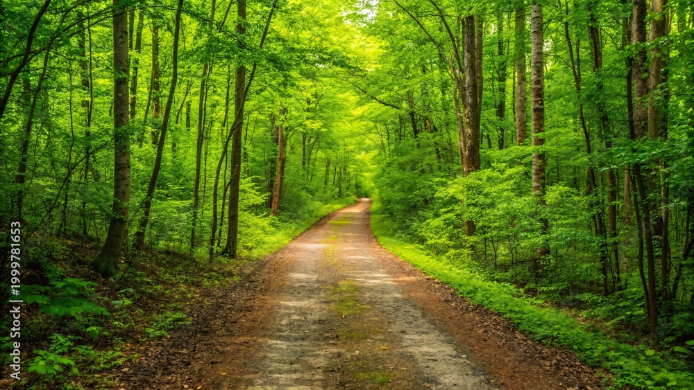 Obraz premium Serene forest path with lush green trees and sunlight filtering through