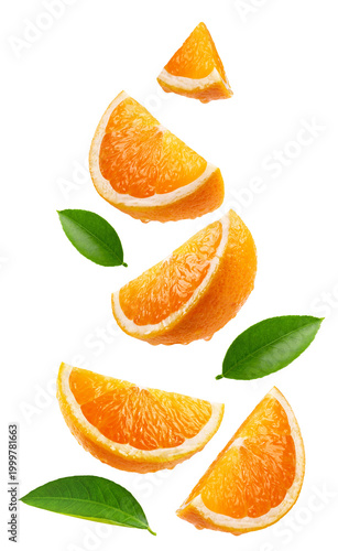 Collection of orange slices in water drops isolated on white background