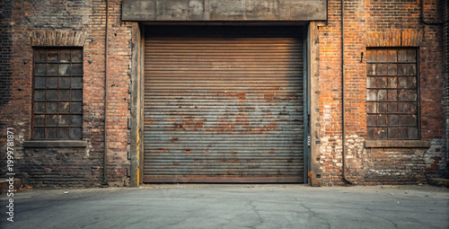 Rusty industrial garage door with brick walls and metal windows
