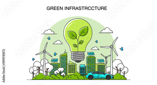 Fotografija Green infrastructure concept with wind turbines and solar powered buildings