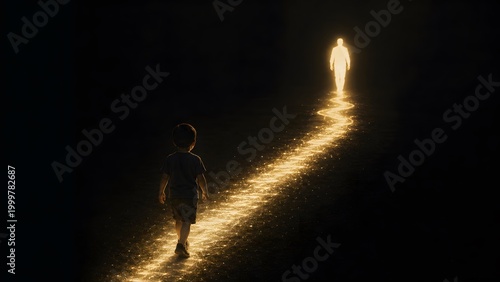 Child Walking Toward Glowing Figure – Inspiration, Guidance and Life Journey Concept