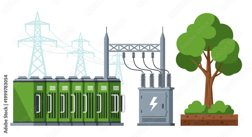 Naklejka premium Electrical Power Substation with Green Energy Infrastructure and Tree.