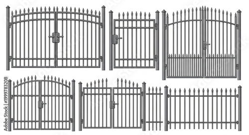 Collection of Various Metal Fences and Gates for Security and Decoration.