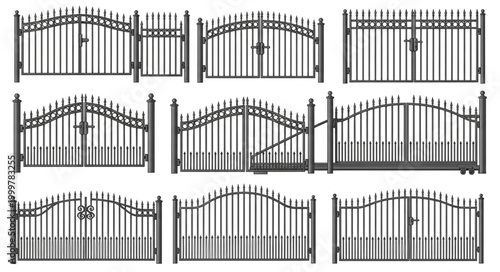 Collection of Various Iron Fence Gate Designs for Security and Decoration.