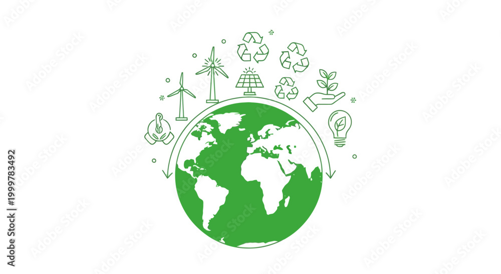 Fototapeta premium Green Earth Globe Surrounded by Eco Friendly Sustainability Icons.