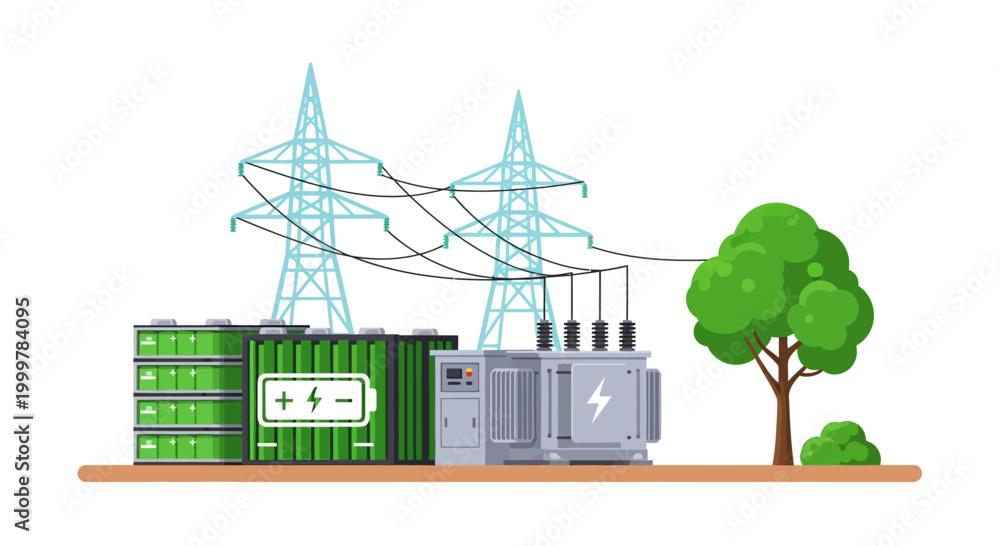 Naklejka premium Industrial energy storage system with power transformer and transmission towers.