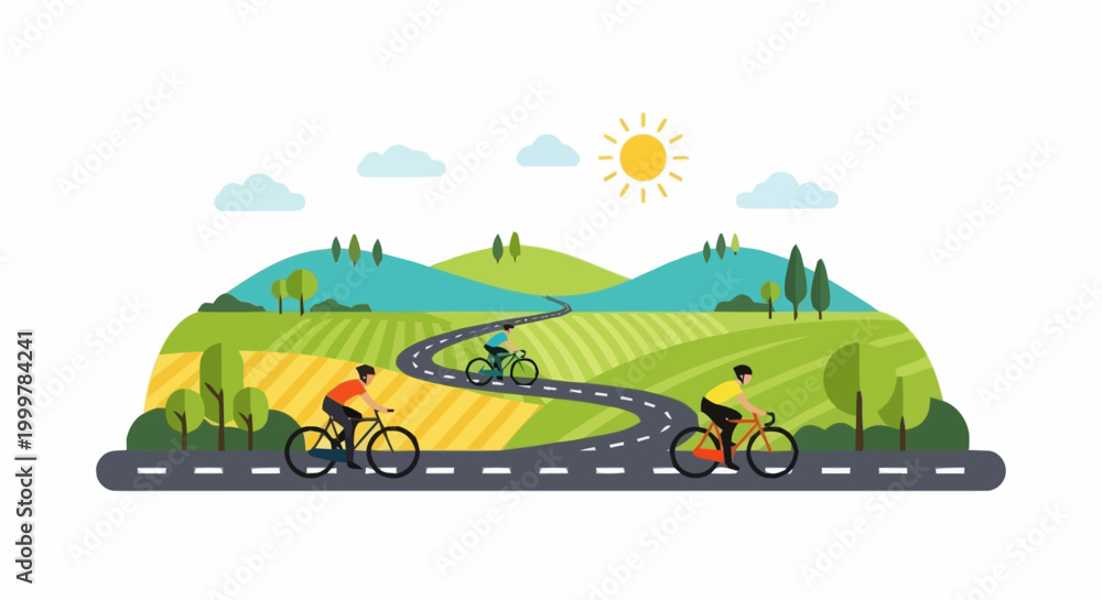 Fototapeta premium People cycling on a scenic road through rolling hills and farmland