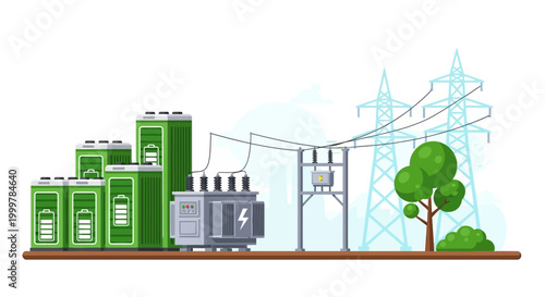 Industrial energy storage system with batteries and electrical transformer.