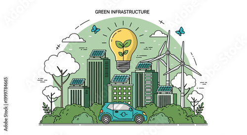 Green infrastructure city illustration with eco friendly technology and renewable energy.