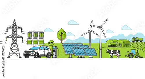 Modern eco friendly farming and renewable energy infrastructure illustration.
