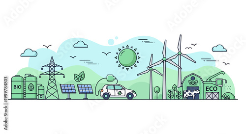 Eco friendly sustainable energy infrastructure with electric car and renewable power sources.