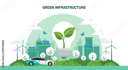Green infrastructure concept with eco friendly city buildings and electric car.