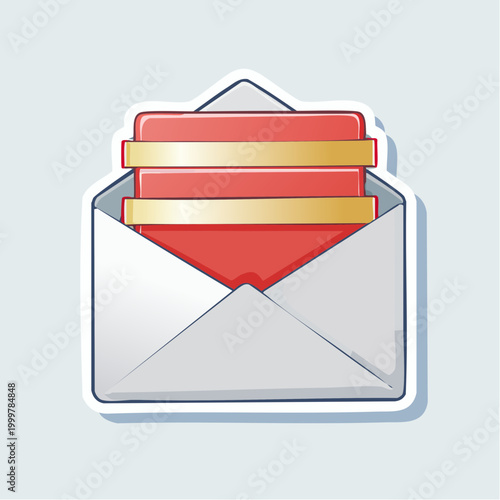 Open Envelope with Stack of Red Letters and Gold Ribbons