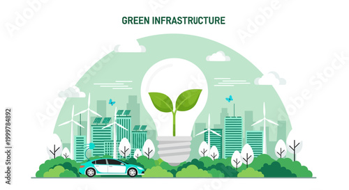 Green energy infrastructure concept with glowing lightbulb and plant leaves.