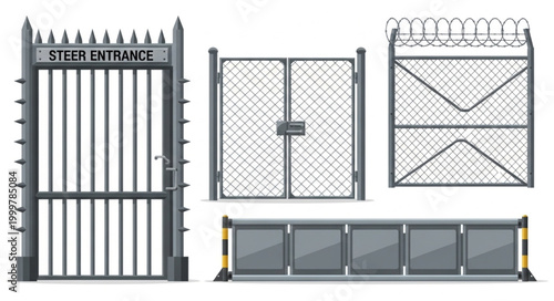 Collection of Various Metal Gates and Fences for Security and Decoration.