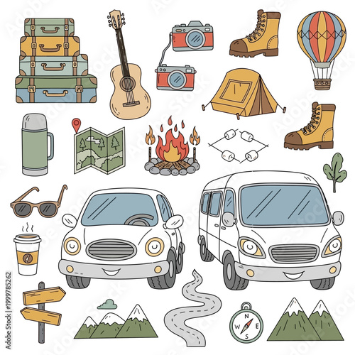 Travel and Adventure Collection with Vehicles and Camping Gear.