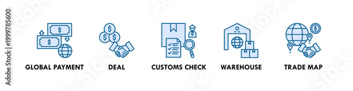 Cross Border Business web icon illustration concept with icon of global payment, deal, customs, check, warehouse, and trade map