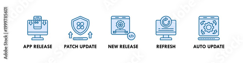 Release and Update web icon illustration concept with icon of app release, patch update, new release, refresh, and auto update