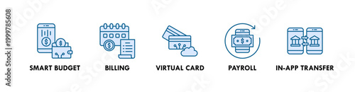 Embedded Finance web icon illustration concept with icon of smart budget, billing, virtual card, payroll, and in-app transfer