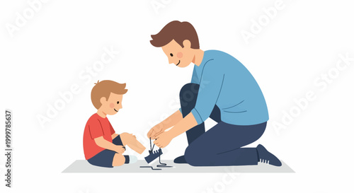 Father teaching son to tie shoelaces - illustration of bonding and childhood.