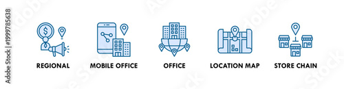 Multi Branches Business web icon illustration concept with icon of regional, mobile office, office, location map, and store chain