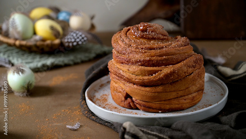 Fresh Cinnamon Roll with Easter Eggs and Spring Decor