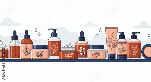 Collection of cosmetic bottles and jars with plant motifs, skincare products