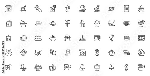 Home Living icon set. Vector illustration of household items including fireplace, bed, couch, fridge, and more. Minimalist editable stroke icons for kitchen, living room, bathroom, and garage.