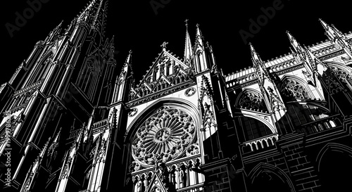 Dramatic low-angle view of a majestic Gothic cathedral with intricate facade details, towering spires, and a stunning rose window, rendered in striking black and white.