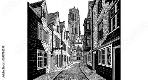 Vintage black and white illustration of a charming cobblestone street leading to a grand cathedral, old European town sketch.