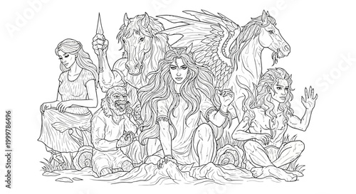 Intricate black and white line art illustration of a diverse group of mythical fantasy creatures and characters, perfect for a coloring book.