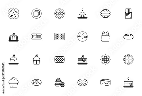 Bakery icon set. Vector illustration pack. Includes biscuit, donut, cupcake, macaron, chocolate, pudding, bread, baguette, cake, pie, waffle and more. Editable stroke.