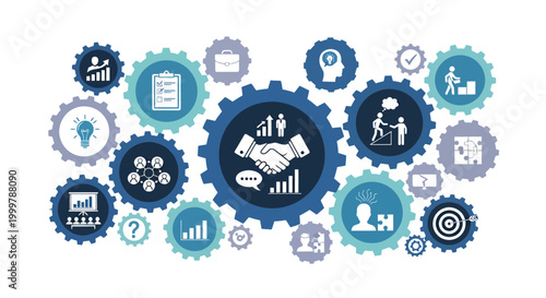 Interconnected gears with business and teamwork icons representing collaboration and processes.