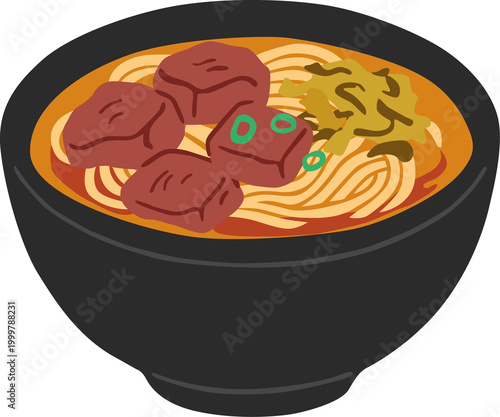 Taiwanese Beef Noodle Soup Illustration with Beef Chunks and Scallions