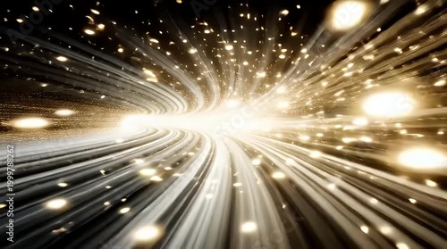 Abstract light trails converge towards a brilliant central point creating a dynamic and futuristic tunnel effect perfect for technology backgrounds and creative projects